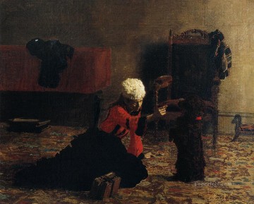 Elizabeth Crowell mit einem Hund Realismus Porträts Thomas Eakins Ölgemälde